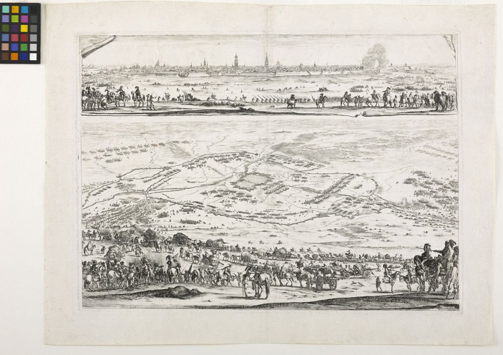 An etching by Stefano Della Bella. Plan et vue de la ville d'Arras